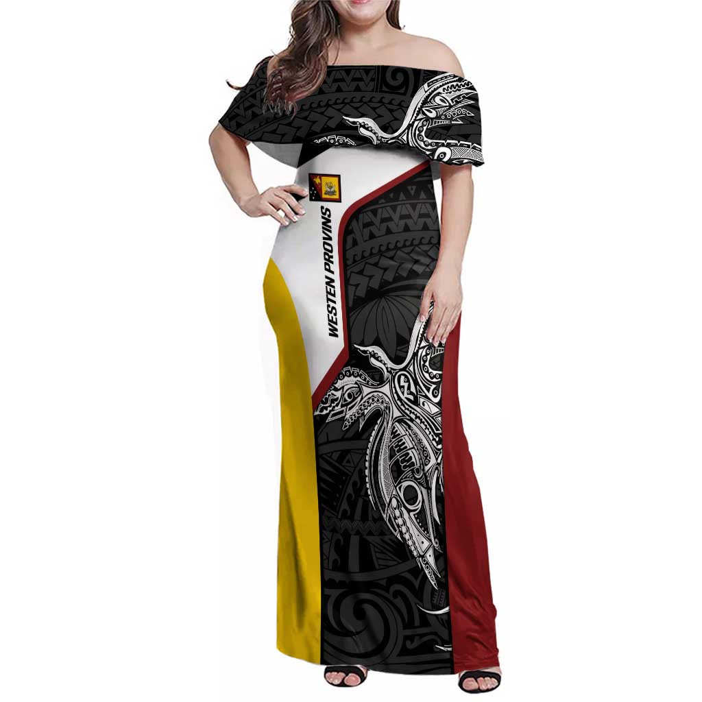 Personalised PNG Western Province Family Matching Off Shoulder Maxi Dress and Hawaiian Shirt Bird of Paradise Tattoo Flag Motif - Polynesian Pride
