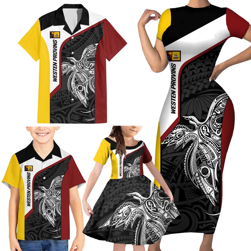 Personalised PNG Western Province Family Matching Short Sleeve Bodycon Dress and Hawaiian Shirt Bird of Paradise Tattoo Flag Motif LT9 - Polynesian Pride