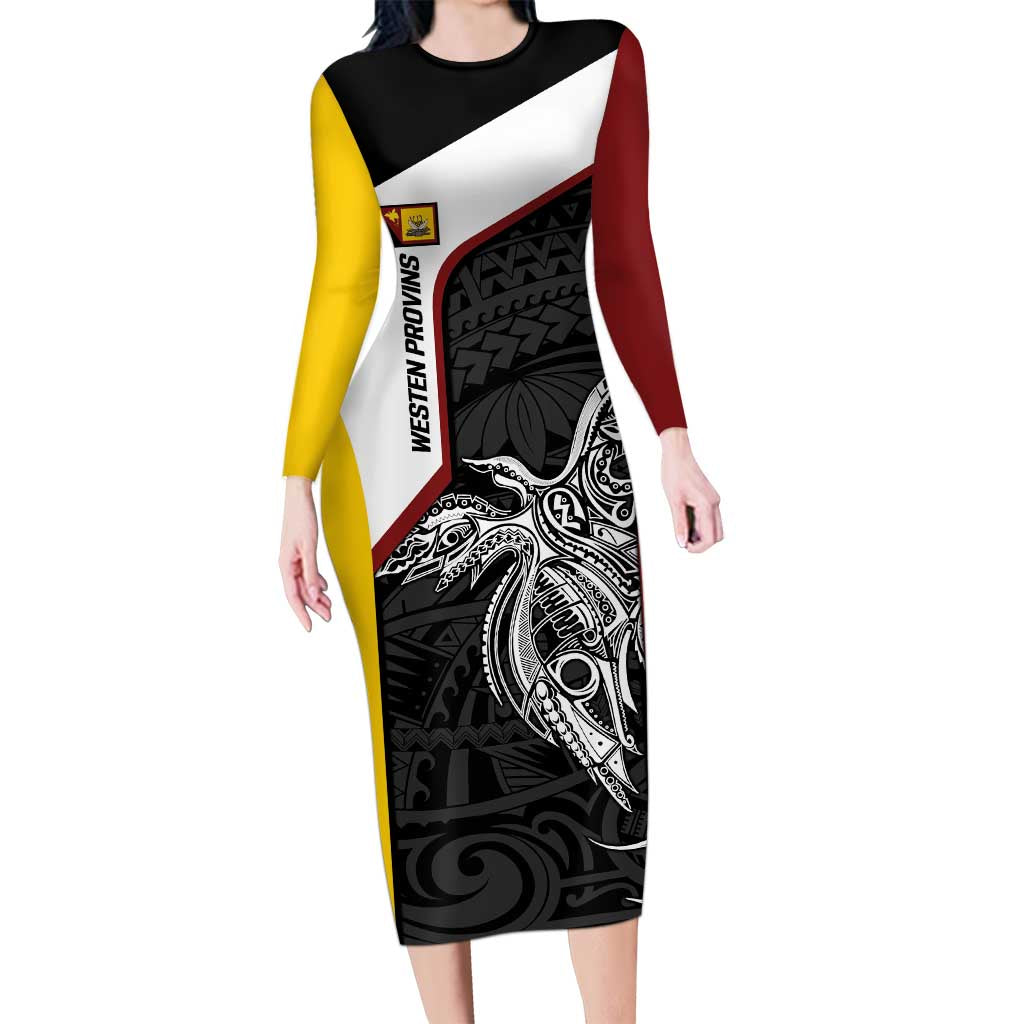 Personalised PNG Western Province Long Sleeve Bodycon Dress Bird of Paradise Tattoo Flag Motif - Polynesian Pride