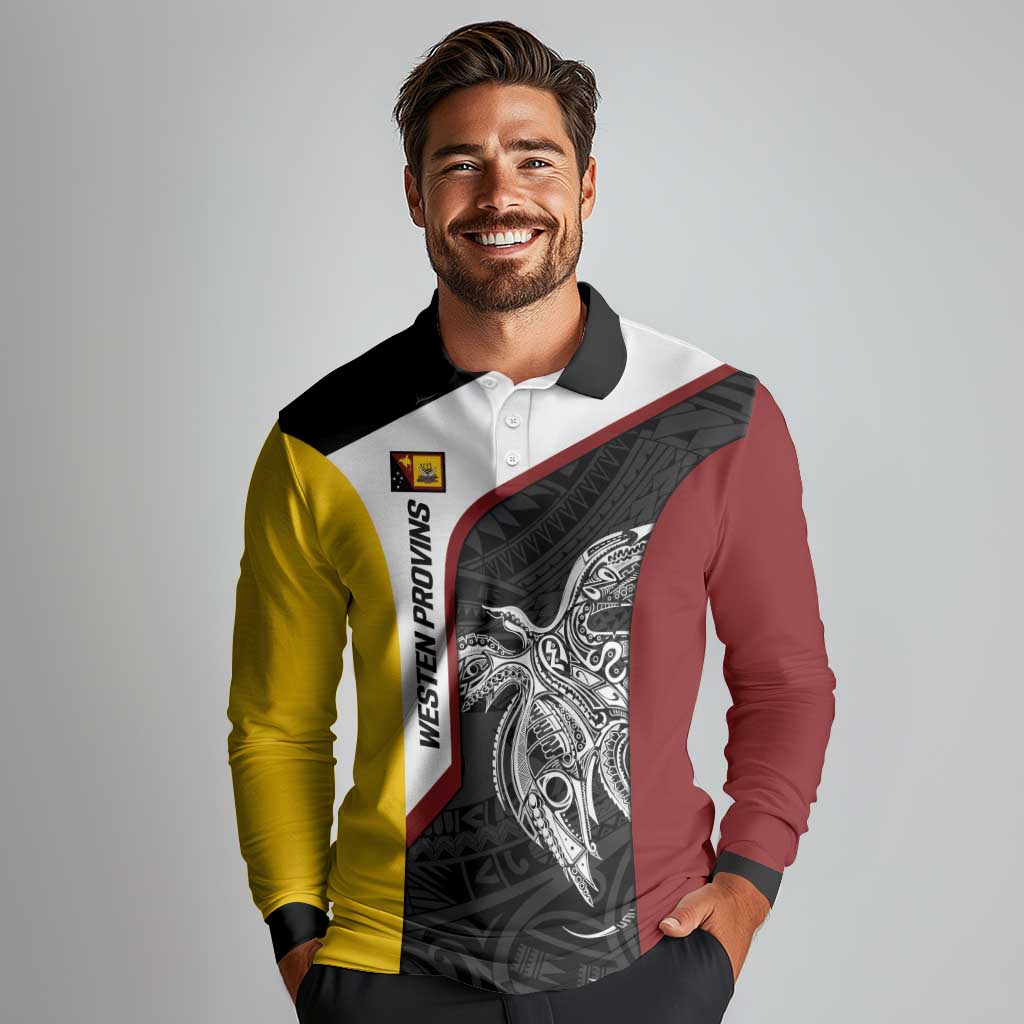 Personalised PNG Western Province Long Sleeve Polo Shirt Bird of Paradise Tattoo Flag Motif - Polynesian Pride