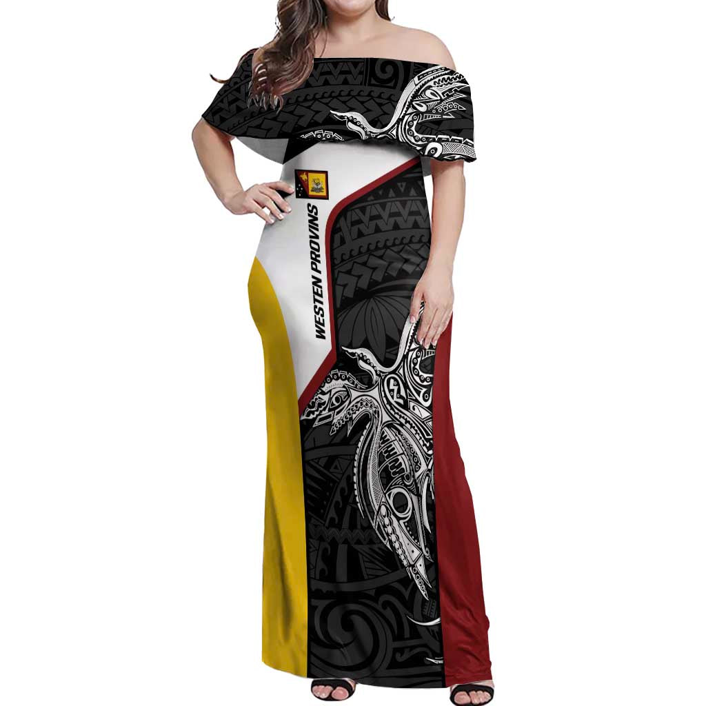 Personalised PNG Western Province Off Shoulder Maxi Dress Bird of Paradise Tattoo Flag Motif - Polynesian Pride
