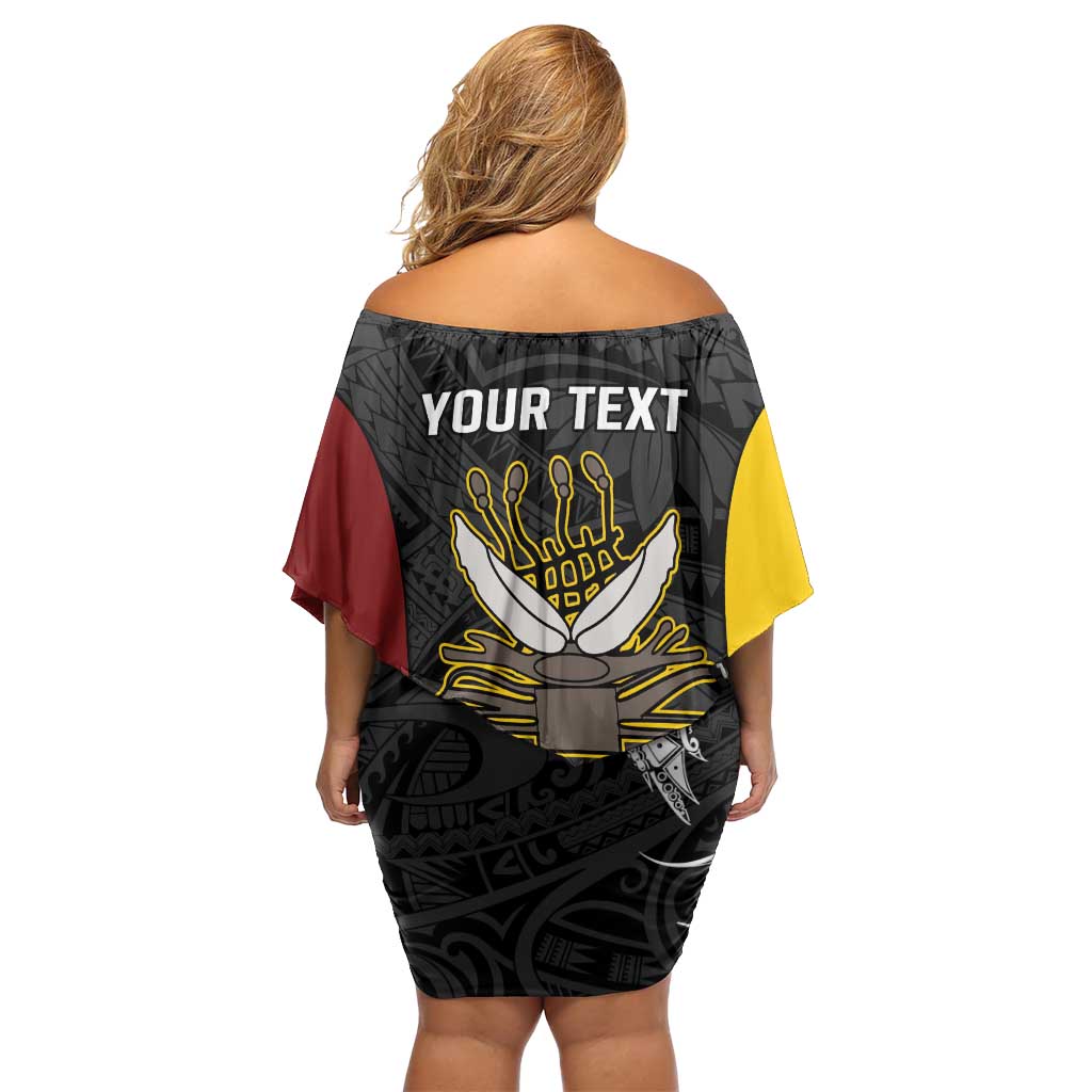 Personalised PNG Western Province Off Shoulder Short Dress Bird of Paradise Tattoo Flag Motif - Polynesian Pride