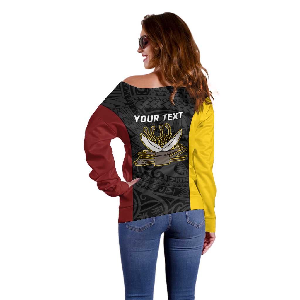 Personalised PNG Western Province Off Shoulder Sweater Bird of Paradise Tattoo Flag Motif - Polynesian Pride