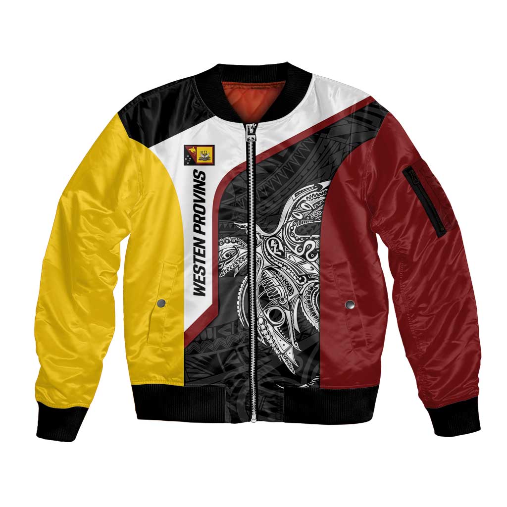 Personalised PNG Western Province Sleeve Zip Bomber Jacket Bird of Paradise Tattoo Flag Motif - Polynesian Pride
