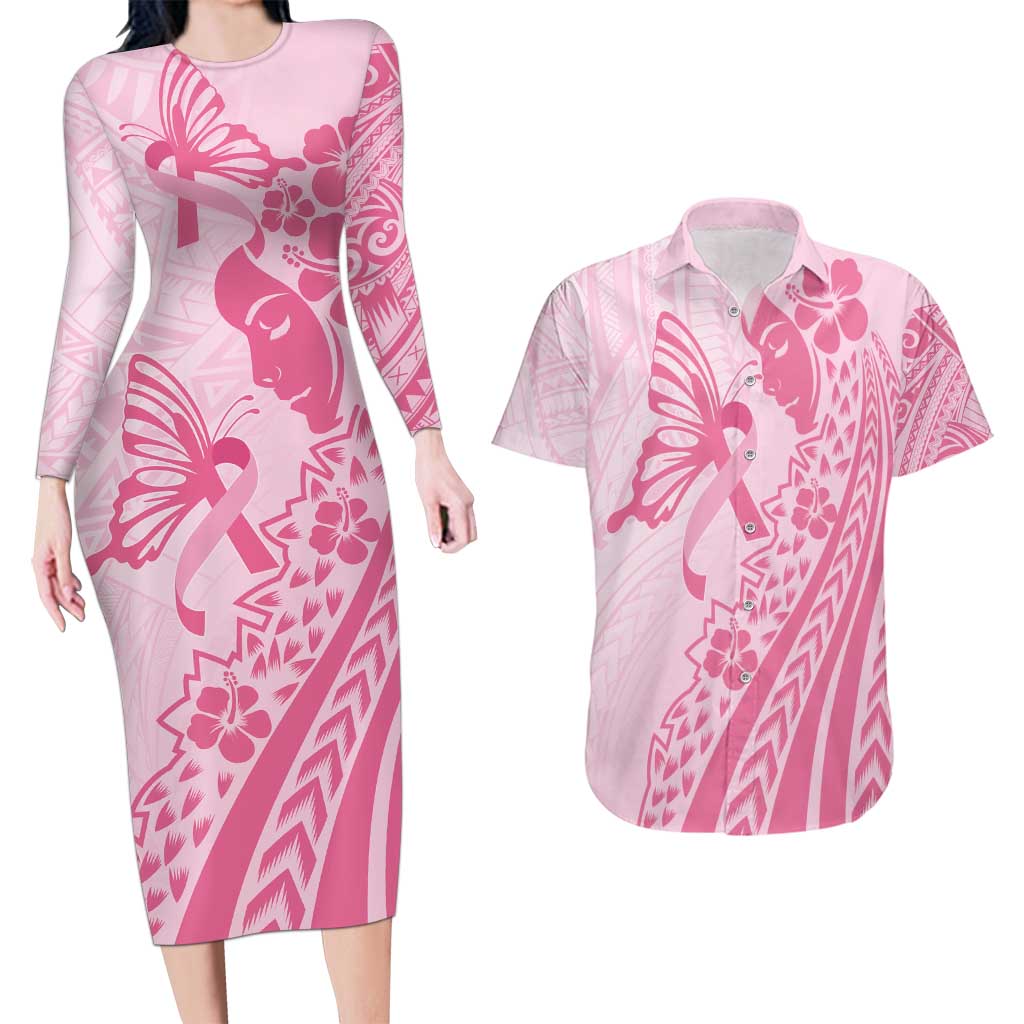 Pacific Girl and Butterfly Cancer Ribbon Personalised Couples Matching Long Sleeve Bodycon Dress and Hawaiian Shirt