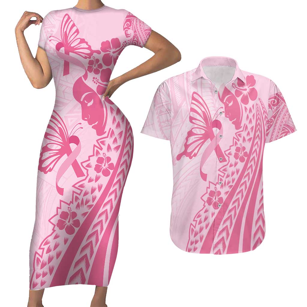 Pacific Girl and Butterfly Cancer Ribbon Personalised Couples Matching Short Sleeve Bodycon Dress and Hawaiian Shirt LT9 Pink - Polynesian Pride