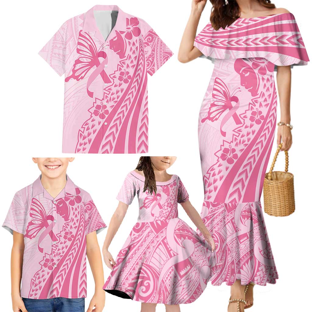 Pacific Girl and Butterfly Cancer Ribbon Personalised Family Matching Mermaid Dress and Hawaiian Shirt