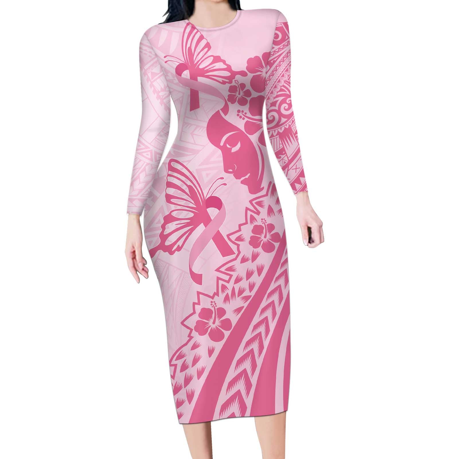 Pacific Girl and Butterfly Cancer Ribbon Personalised Long Sleeve Bodycon Dress