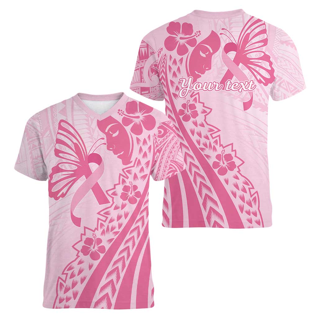 Pacific Girl and Butterfly Cancer Ribbon Personalised Women V-Neck T-Shirt