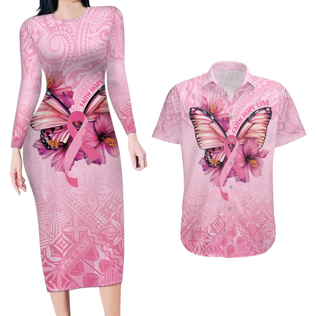 Faith Hope Love Butterfly Ribbon Personalised Couples Matching Long Sleeve Bodycon Dress and Hawaiian Shirt