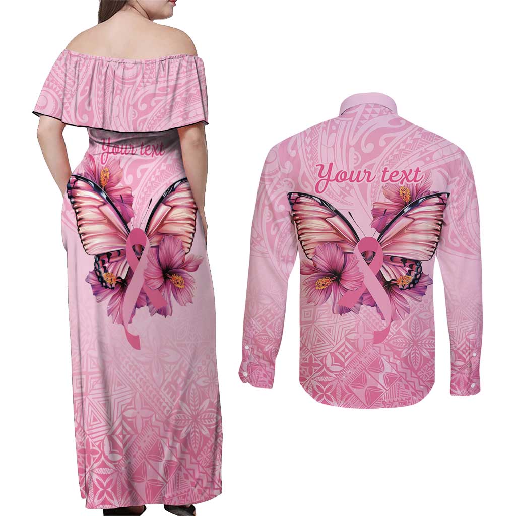Faith Hope Love Butterfly Ribbon Personalised Couples Matching Off Shoulder Maxi Dress and Long Sleeve Button Shirt