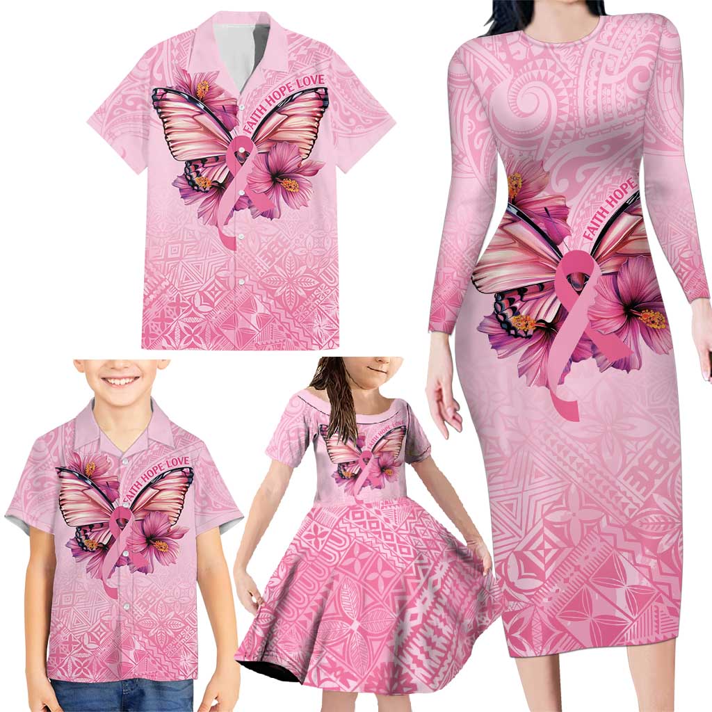 Faith Hope Love Butterfly Ribbon Personalised Family Matching Long Sleeve Bodycon Dress and Hawaiian Shirt