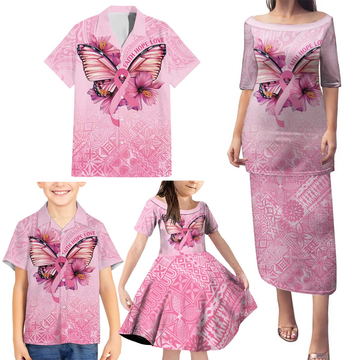 Faith Hope Love Butterfly Ribbon Personalised Family Matching Puletasi and Hawaiian Shirt