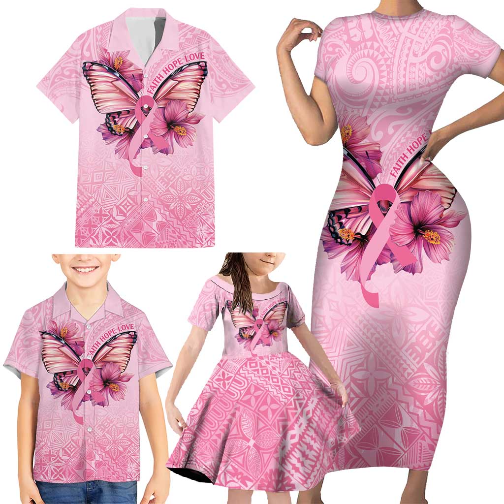 Faith Hope Love Butterfly Ribbon Personalised Family Matching Short Sleeve Bodycon Dress and Hawaiian Shirt