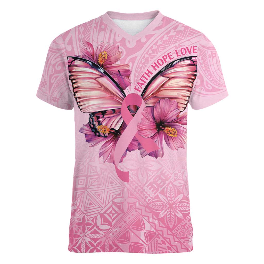 Faith Hope Love Butterfly Ribbon Personalised Women V-Neck T-Shirt