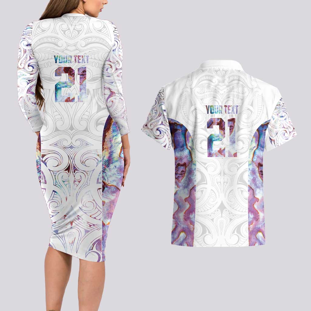 Custom New Zealand Aotearoa Couples Matching Long Sleeve Bodycon Dress and Hawaiian Shirt Pink Maori Paua Shell Indigenous - Polynesian Pride