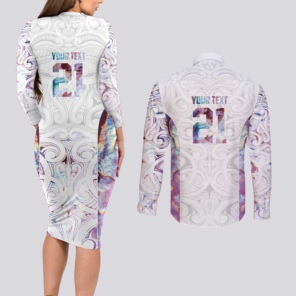 Custom New Zealand Aotearoa Couples Matching Long Sleeve Bodycon Dress and Long Sleeve Button Shirt Pink Maori Paua Shell Indigenous - Polynesian Pride