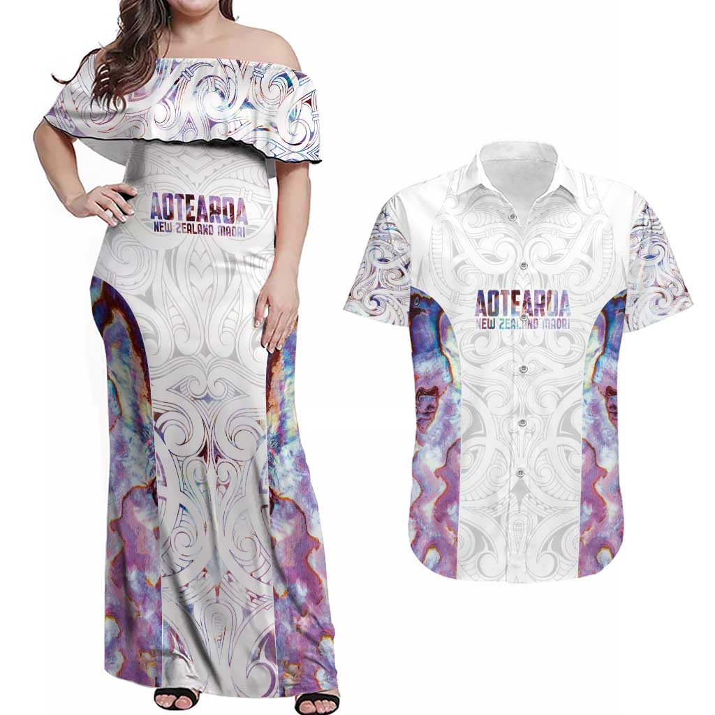 Custom New Zealand Aotearoa Couples Matching Off Shoulder Maxi Dress and Hawaiian Shirt Pink Maori Paua Shell Indigenous - Polynesian Pride