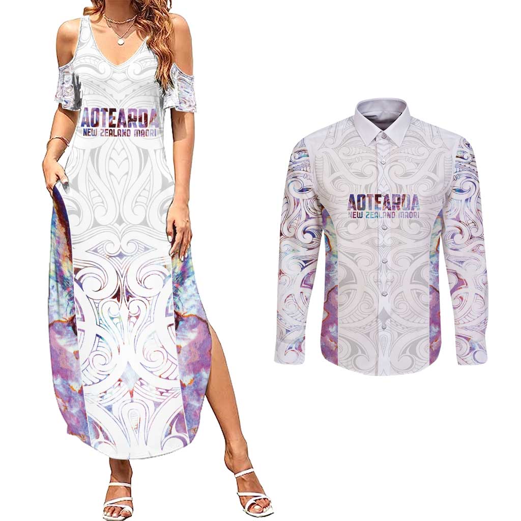 Custom New Zealand Aotearoa Couples Matching Summer Maxi Dress and Long Sleeve Button Shirt Pink Maori Paua Shell Indigenous - Polynesian Pride