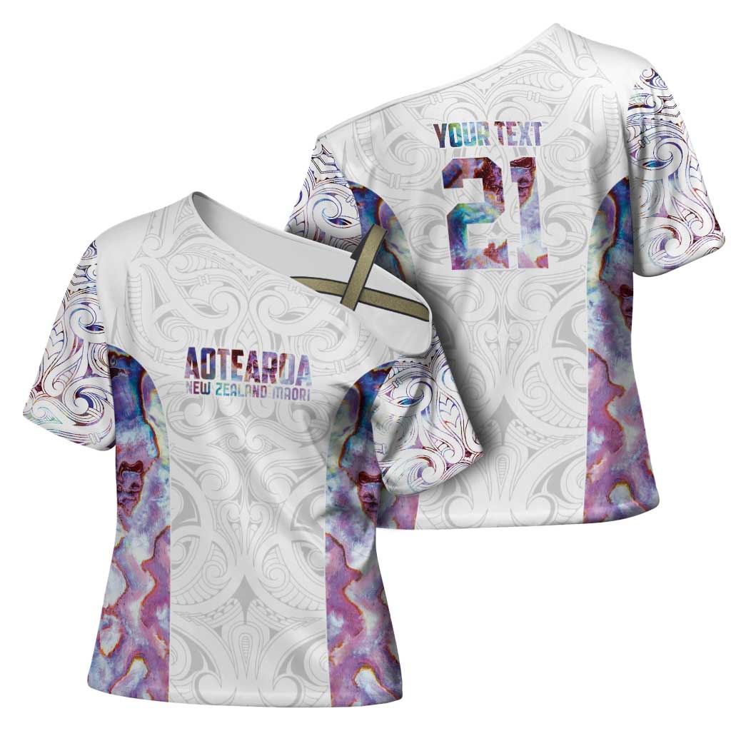 Custom New Zealand Aotearoa Cross Shoulder Shirt Pink Maori Paua Shell Indigenous - Polynesian Pride