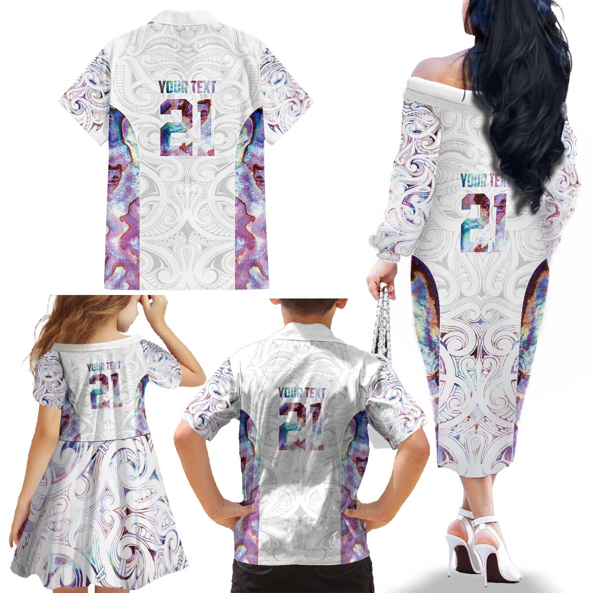 Custom New Zealand Aotearoa Family Matching Off The Shoulder Long Sleeve Dress and Hawaiian Shirt Pink Maori Paua Shell Indigenous - Polynesian Pride