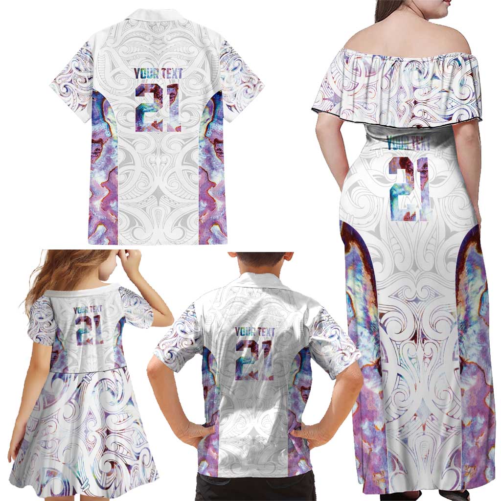 Custom New Zealand Aotearoa Family Matching Off Shoulder Maxi Dress and Hawaiian Shirt Pink Maori Paua Shell Indigenous - Polynesian Pride