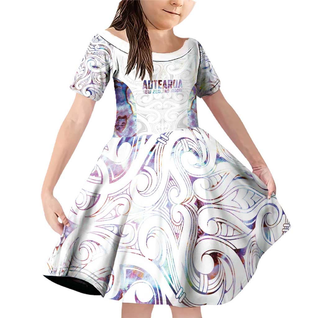 Custom New Zealand Aotearoa Family Matching Off Shoulder Short Dress and Hawaiian Shirt Pink Maori Paua Shell Indigenous - Polynesian Pride