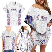 Custom New Zealand Aotearoa Family Matching Off Shoulder Short Dress and Hawaiian Shirt Pink Maori Paua Shell Indigenous - Polynesian Pride