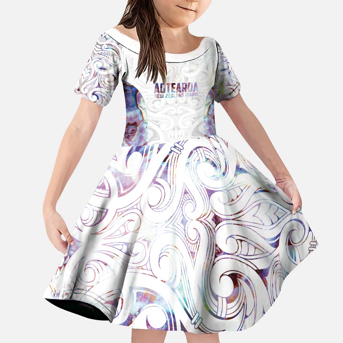Custom New Zealand Aotearoa Kid Short Sleeve Dress Pink Maori Paua Shell Indigenous - Polynesian Pride