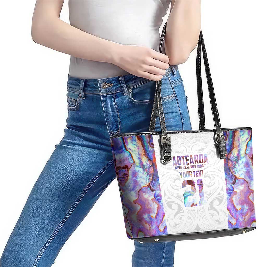 Custom New Zealand Aotearoa Leather Tote Bag Pink Maori Paua Shell Indigenous - Polynesian Pride