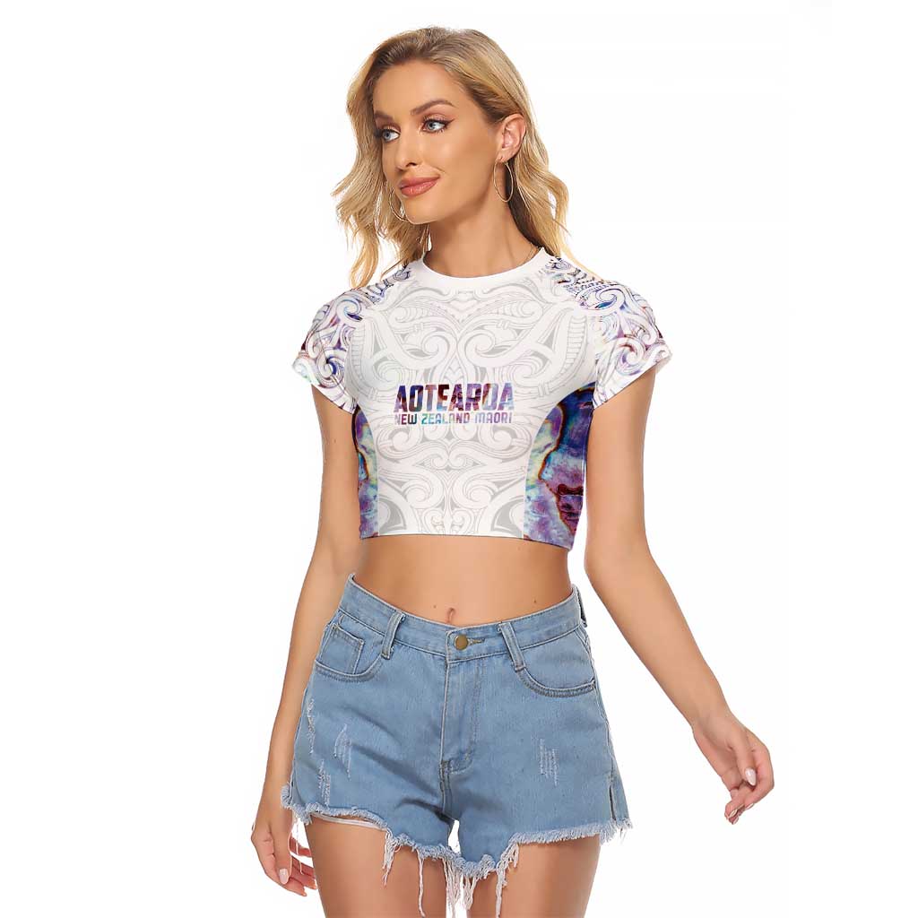 Custom New Zealand Aotearoa Raglan Cropped T Shirt Pink Maori Paua Shell Indigenous - Polynesian Pride