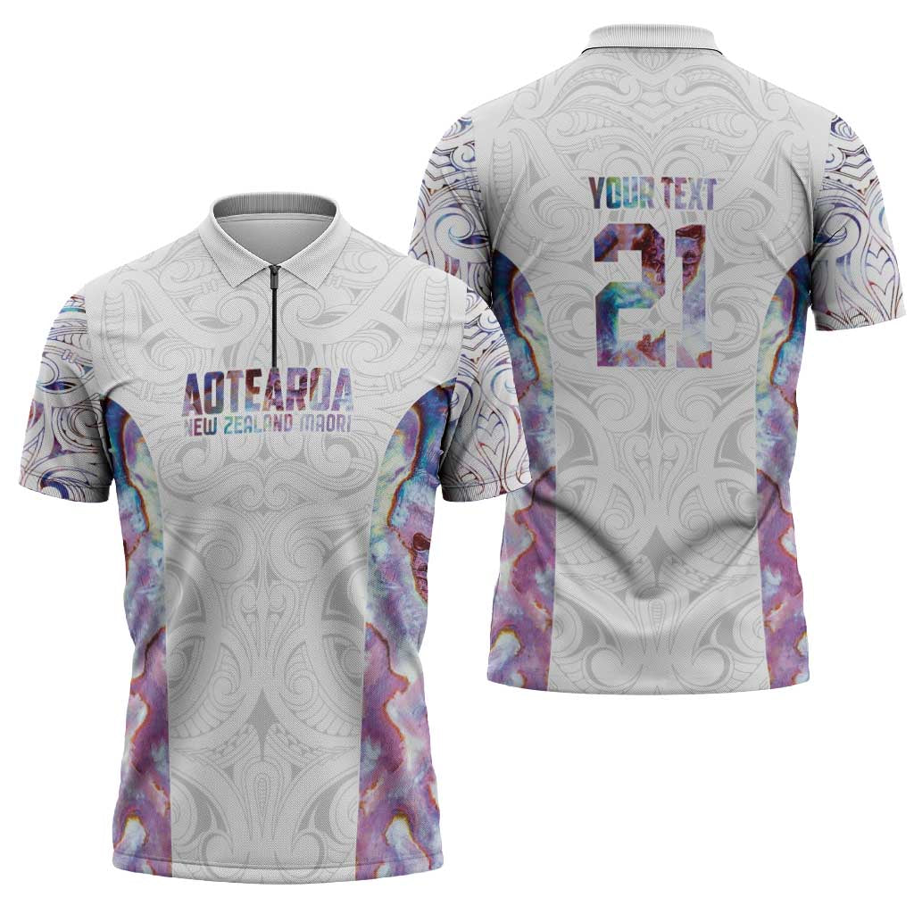 Custom New Zealand Aotearoa Zipper Polo Shirt Pink Maori Paua Shell Indigenous - Polynesian Pride