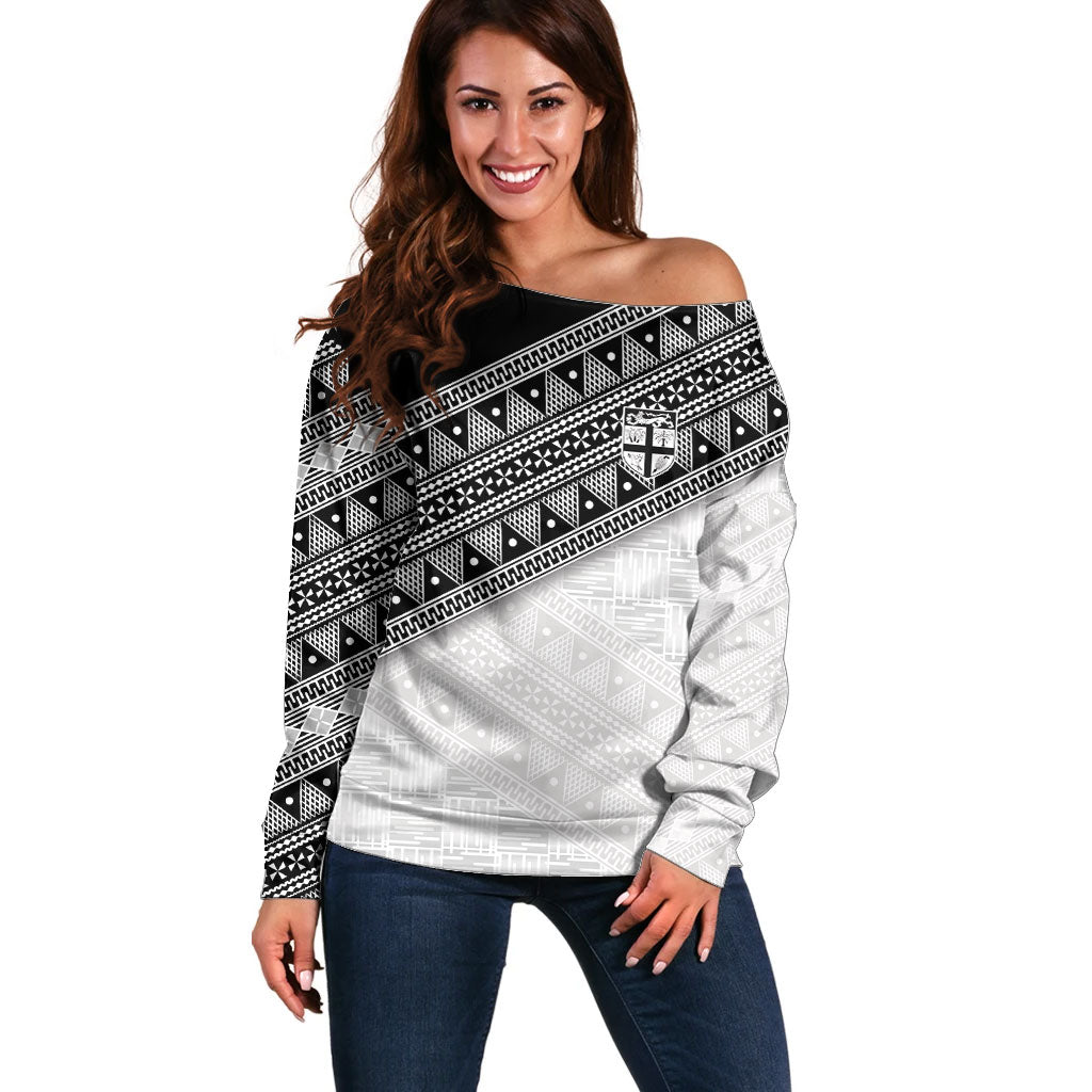 2026 Autumn Rugby Nations Fiji Custom Off Shoulder Sweater Fijian Tapa Tribal Lauhala Inspired LT9 Women Black - Polynesian Pride
