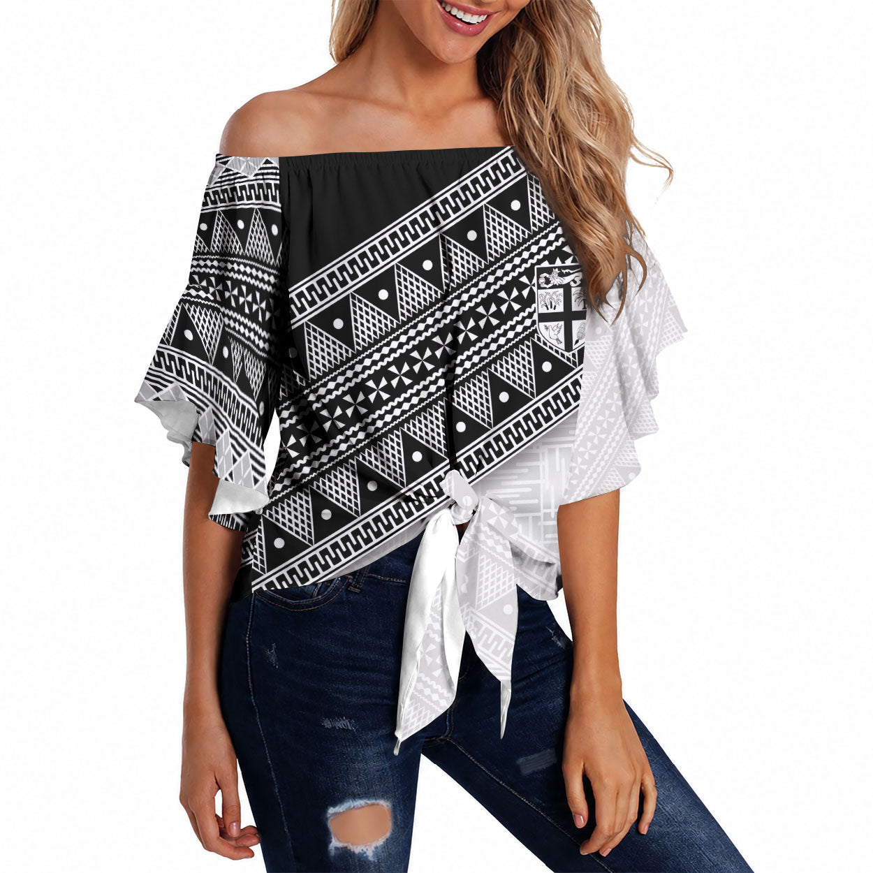 2026 Autumn Rugby Nations Fiji Custom Off Shoulder Wrap Waist Top Fijian Tapa Tribal Lauhala Inspired LT9 Black - Polynesian Pride