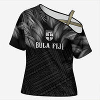 2026 Autumn Rugby Nations Fiji Custom Cross Shoulder Shirt Fijian Palm Leaf Tapa Tribal Inspired LT9 Female Black - Polynesian Pride