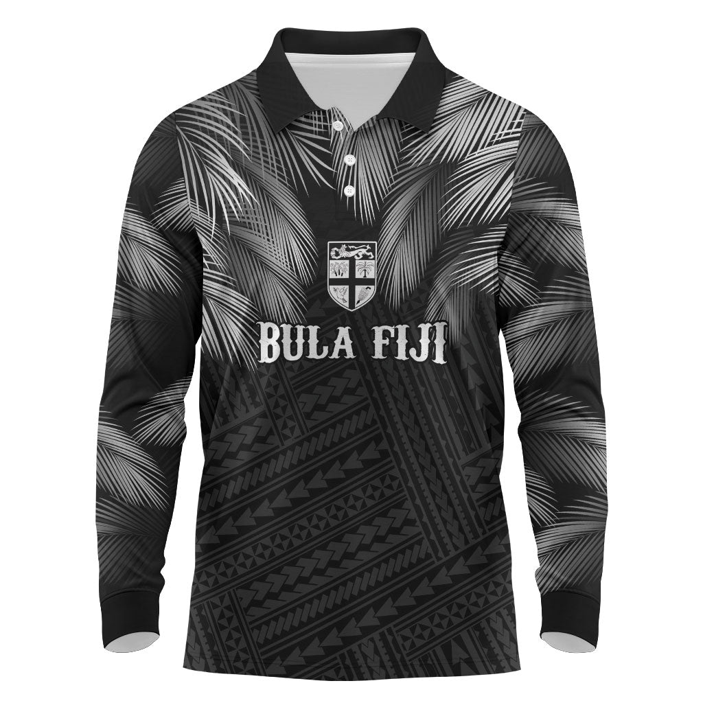 2026 Autumn Rugby Nations Fiji Custom Long Sleeve Polo Shirt Fijian Palm Leaf Tapa Tribal Inspired LT9 Black - Polynesian Pride