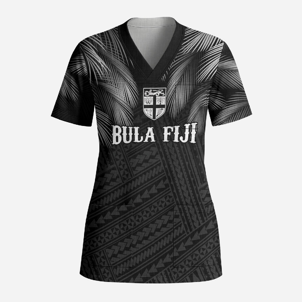 2026 Autumn Rugby Nations Fiji Custom Scrub Top Fijian Palm Leaf Tapa Tribal Inspired LT9 Adult Black - Polynesian Pride