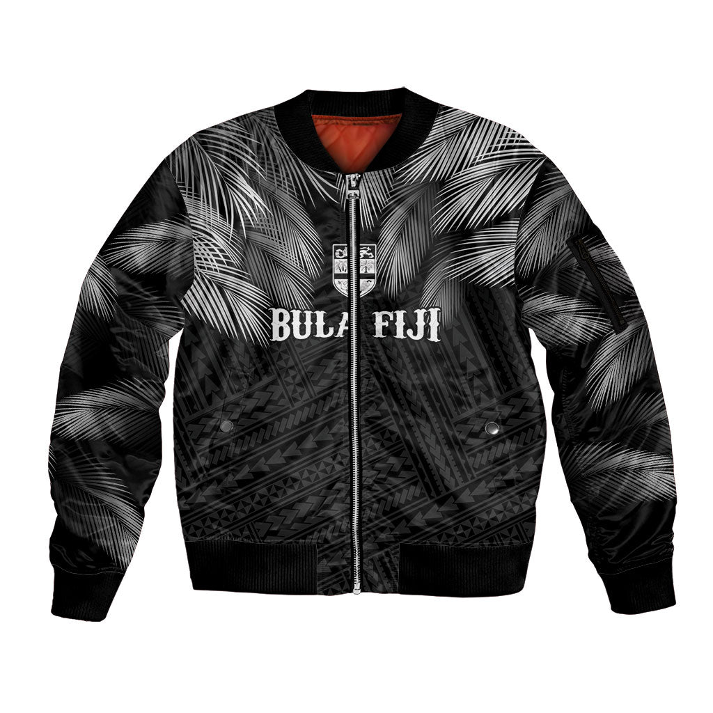 2026 Autumn Rugby Nations Fiji Custom Sleeve Zip Bomber Jacket Fijian Palm Leaf Tapa Tribal Inspired LT9 Unisex Black - Polynesian Pride