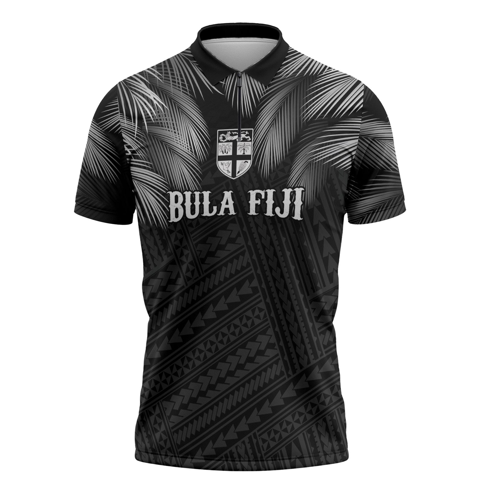 2026 Autumn Rugby Nations Fiji Custom Zipper Polo Shirt Fijian Palm Leaf Tapa Tribal Inspired