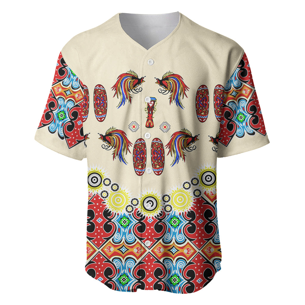 Papua Batik Motif Bird Of Paradise and Native Papuan Shield Baseball Jersey LT9 Beige - Polynesian Pride