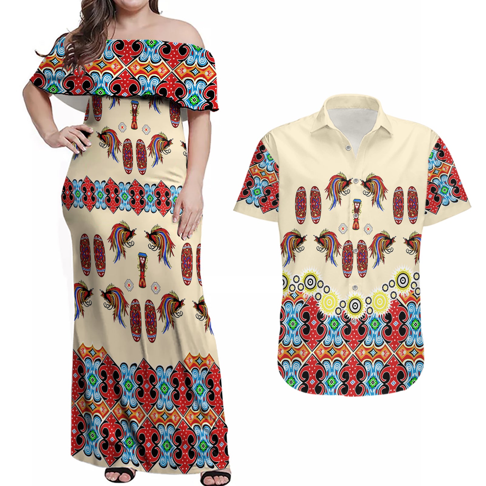 Papua Batik Motif Bird Of Paradise and Native Papuan Shield Couples Matching Off Shoulder Maxi Dress and Hawaiian Shirt LT9 Beige - Polynesian Pride