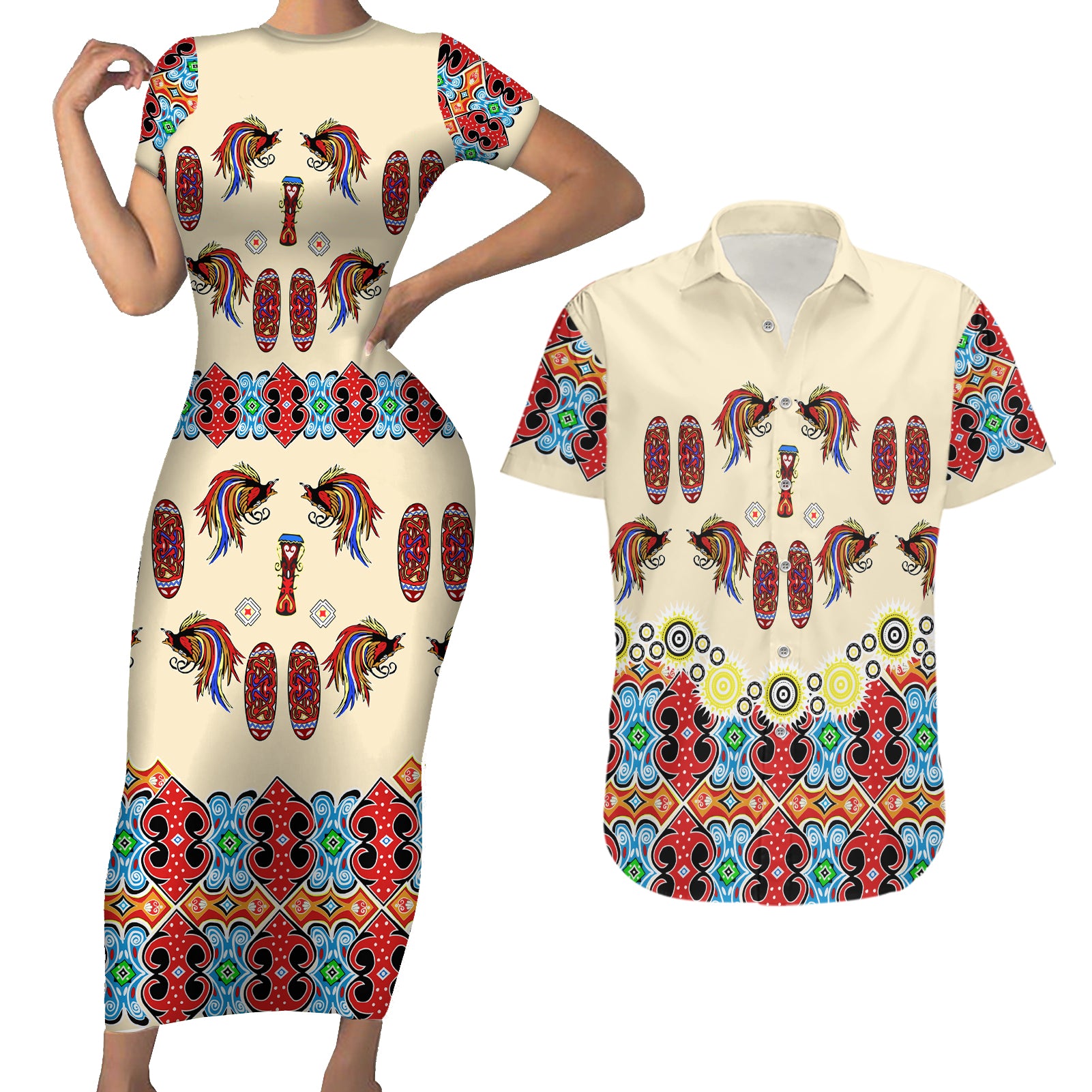 Papua Batik Motif Bird Of Paradise and Native Papuan Shield Couples Matching Short Sleeve Bodycon Dress and Hawaiian Shirt LT9 Beige - Polynesian Pride