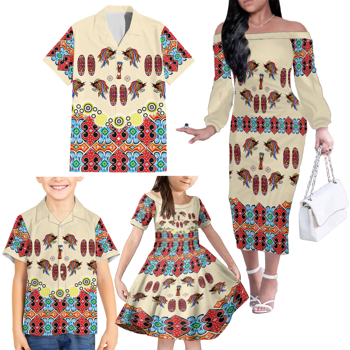 Papua Batik Motif Bird Of Paradise and Native Papuan Shield Family Matching Off Shoulder Long Sleeve Dress and Hawaiian Shirt LT9 - Polynesian Pride