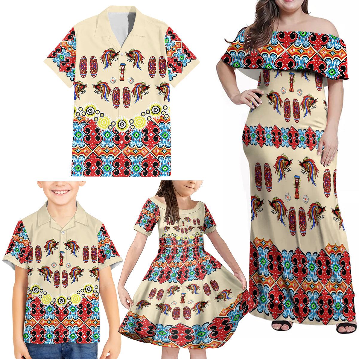 Papua Batik Motif Bird Of Paradise and Native Papuan Shield Family Matching Off Shoulder Maxi Dress and Hawaiian Shirt LT9 - Polynesian Pride