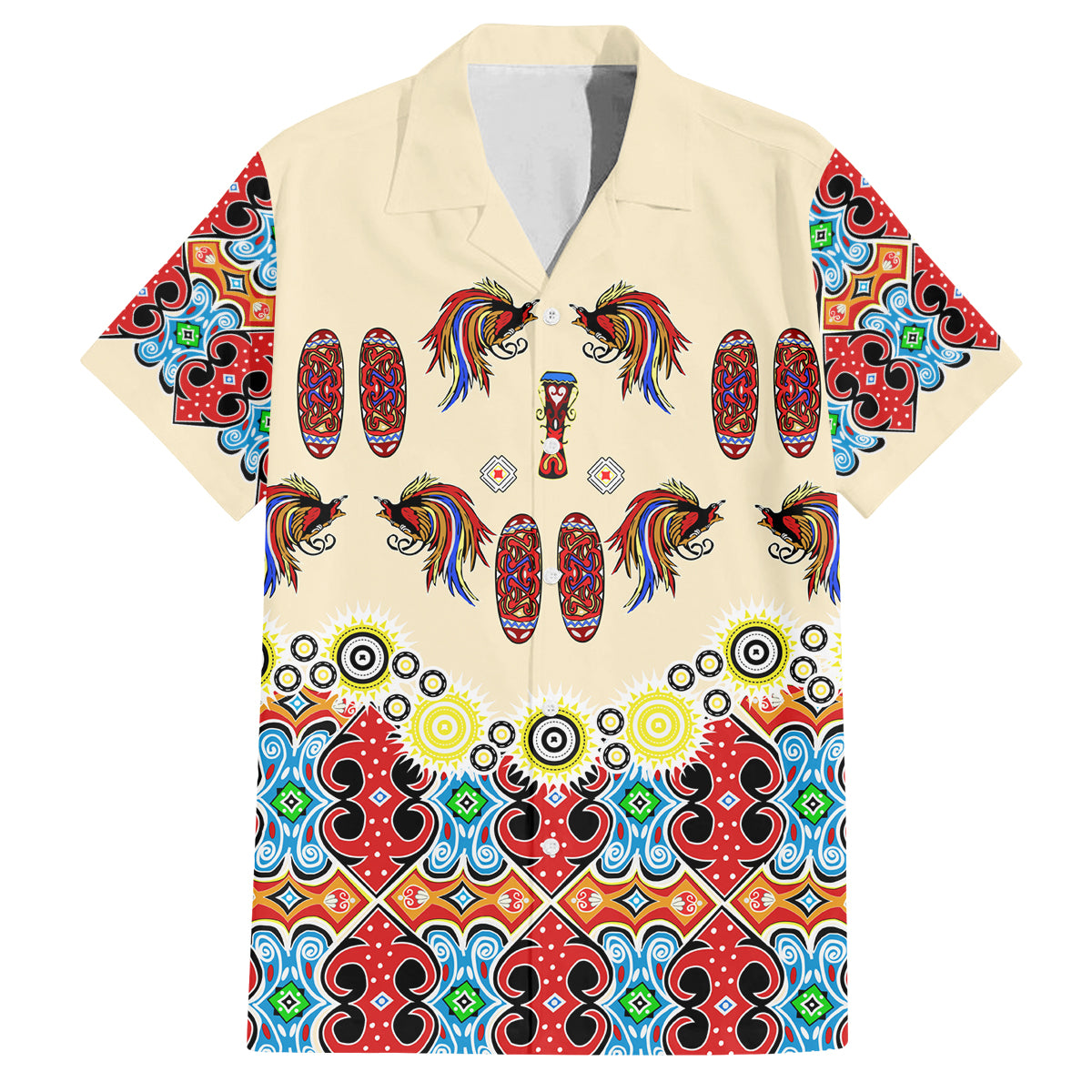Papua Batik Motif Bird Of Paradise and Native Papuan Shield Family Matching Puletasi Dress and Hawaiian Shirt LT9 Dad's Shirt - Short Sleeve Beige - Polynesian Pride