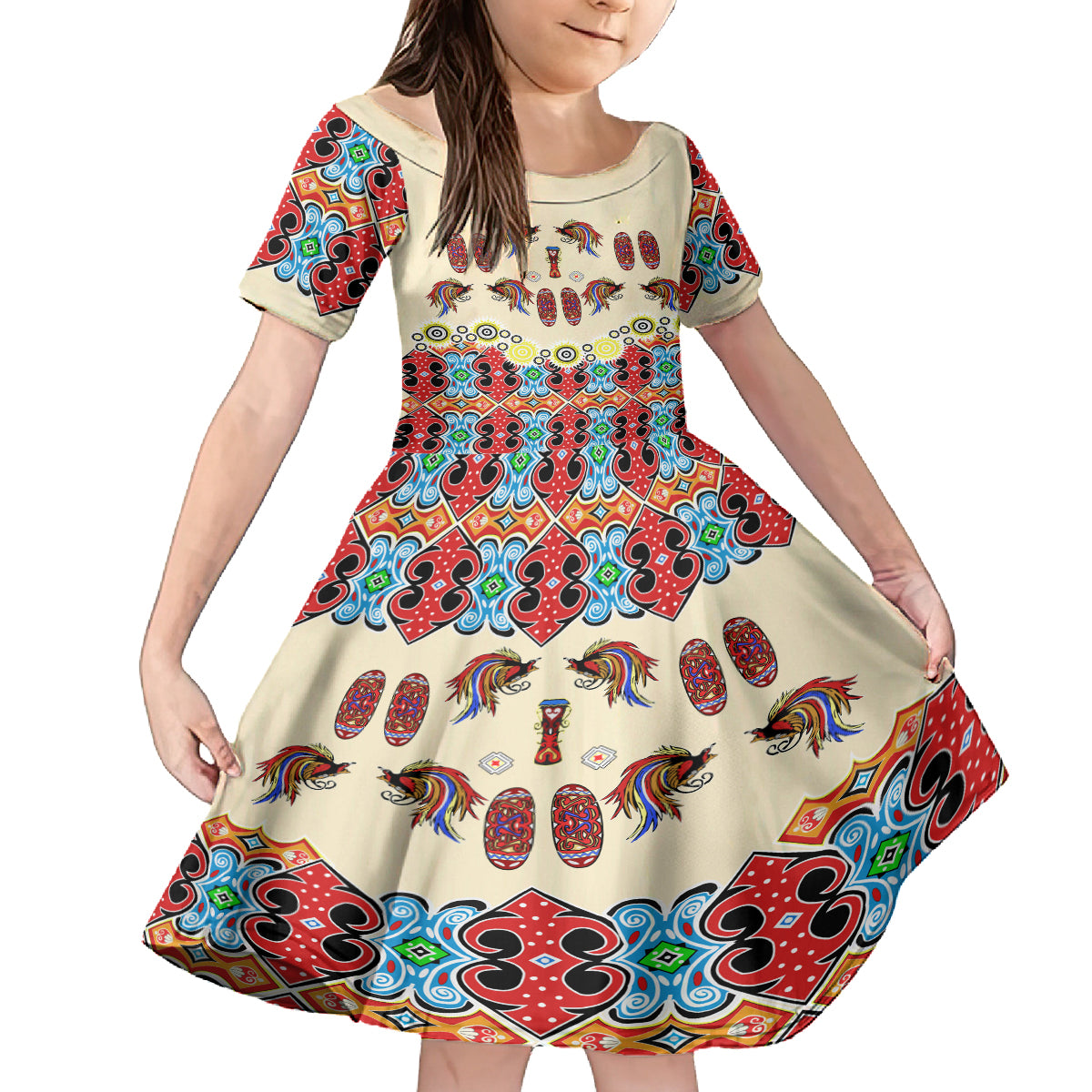 Papua Batik Motif Bird Of Paradise and Native Papuan Shield Family Matching Summer Maxi Dress and Hawaiian Shirt LT9 Daughter's Dress Beige - Polynesian Pride