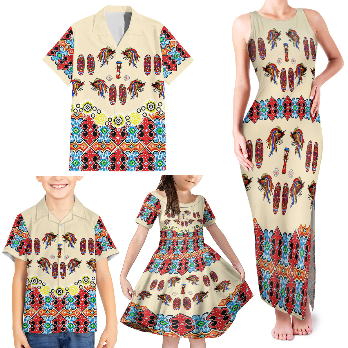 Papua Batik Motif Bird Of Paradise and Native Papuan Shield Family Matching Tank Maxi Dress and Hawaiian Shirt LT9 - Polynesian Pride