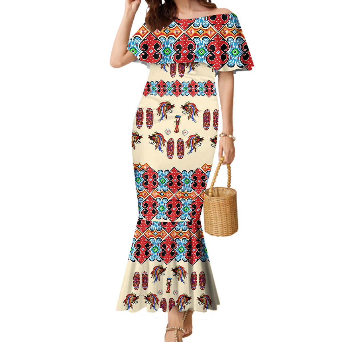 Papua Batik Motif Bird Of Paradise and Native Papuan Shield Mermaid Dress LT9 Women Beige - Polynesian Pride