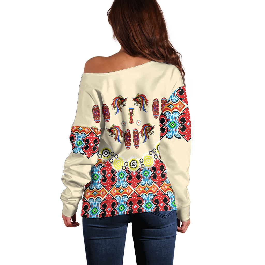 Papua Batik Motif Bird Of Paradise and Native Papuan Shield Off Shoulder Sweater LT9 - Polynesian Pride