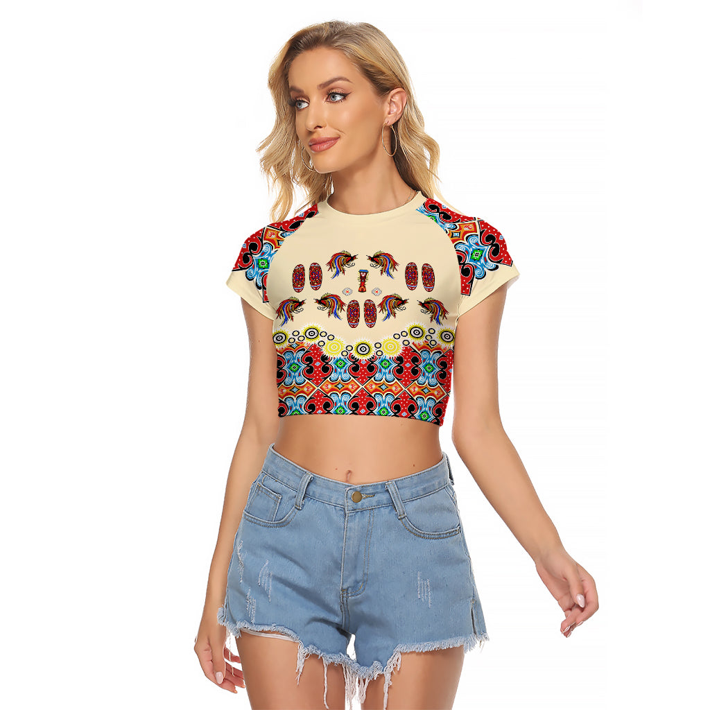 Papua Batik Motif Bird Of Paradise and Native Papuan Shield Raglan Cropped T Shirt LT9 Female Beige - Polynesian Pride